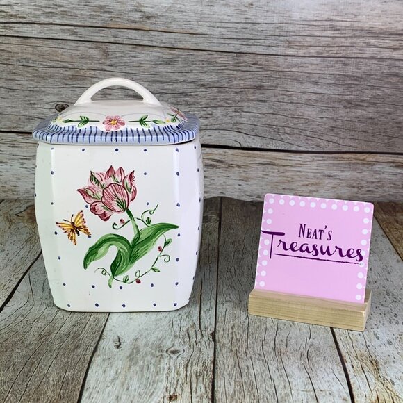 CasaFine Hand Painted Blue Polka Dot Butterfly Pink Flower Canister Jar Portugal - Picture 1 of 10